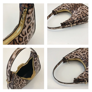 Detailed views of leopard print hobo bag with golden hardware and crescent shape