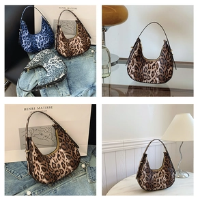 Detailed collage of crescent leopard print hobo bags with premium gold hardware accents