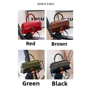 Selection of retro flap handbags in red, brown, green, and black with gold metal turn-locks