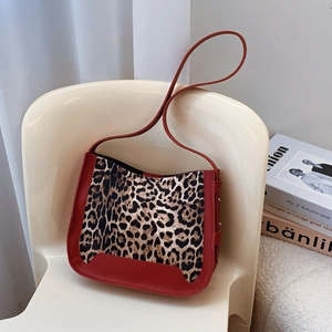 Women Vintage Leopard Print Underarm Bag Retro Stitching Synthetic Leather Small Square Shoulder Bag Stylish Commute Bag