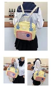 Tre modi di indossare questa borsa di tela gialla stile giapponese con stelle blu
