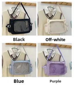 Dettaglio della borsa ita con ampia finestra in PVC in nero, crema, blu e viola