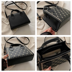 Vues détaillées d'un sac noir avec broderie de cœurs dorés et texture matelassée