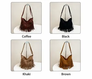 Suede tassel tote bag shown in four colors: dark coffee, black, khaki, and retro brown