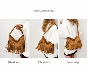 Brown suede fringe tote bag shown in three carrying styles: handbag, shoulder, and crossbody