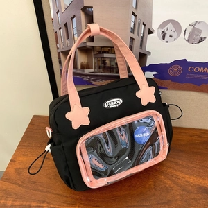 Borsa tote minimalista nera e rosa in tela con tasca trasparente e decoro a stella