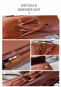 Detail shots of burgundy leather backpack showing bow tie, gold zippers and metal buckles