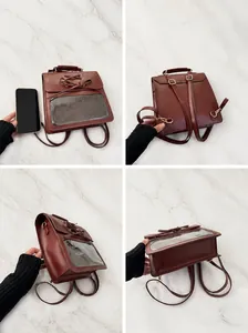 Multi-angle view of brown ita bag showing straps and transparent window for badges