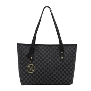 Classic large black monogram tote bag with gold metal pendant for commuting women