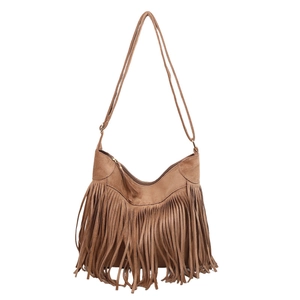 Vintage brown faux suede tote bag with fringe details and adjustable shoulder strap