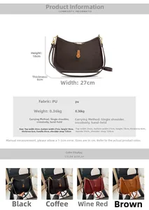 Close-up detail of glossy PU leather crescent bag with dimensions and technical specifications
