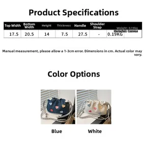 Detailed size chart for heart pattern drawstring bucket bag with canvas dimensions