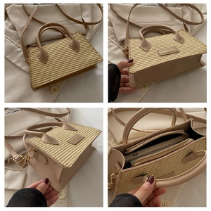 Detail view of woven straw crossbody bag with faux leather base and inner zip pocket