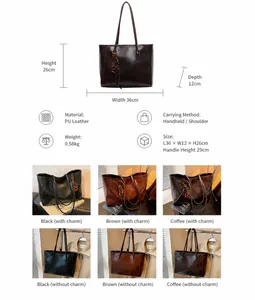 Size chart showing large tote bag dimensions 36x26x12cm with black and brown PU options