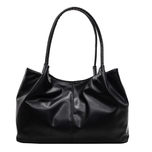 Minimalist black pleated leather tote bag with long handles for daily commuting and fashion