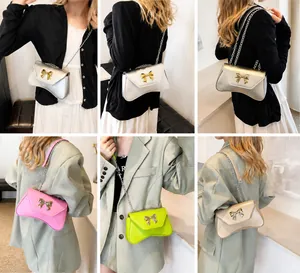 Detail shots showing multiple ways to wear the bow crossbody bag with silver chain straps