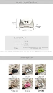Close-up of size specifications and various color options for the bow knot PU handbag