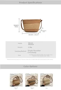 Detailed view of striped straw bucket bag showing size dimensions and color variations