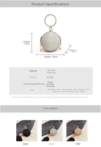 Detailed size specifications and color options for the spherical glitter evening handbag