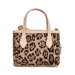 Sac seau tendance à imprimé léopard avec bordure en cuir crème et doubles poignées