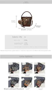 Detailed chart of leopard print bucket bag showing PU leather texture and dimensions