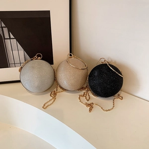 Fashion Women Ball Shaped Evening Bag Glitter PU Handbag With Rhinestone Ring Handle Gold Silver Black Clutch Purse