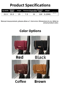 Size chart and dimensions for the V-quilted chain shoulder bag in four classic colors