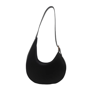 Minimalist black crescent hobo bag with adjustable golden buckle and matte leather finish