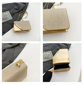 Detailed views of gold glitter crossbody bag featuring metal chain and magnetic snap closure