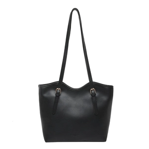 Black matte leather tote bag for women with adjustable gold buckles and large capacity
