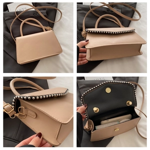 Detailed views of beige crossbody bag with silver rivet trim and magnetic flap closure