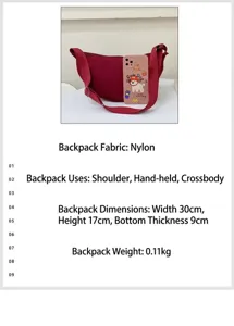 Detail view of red nylon crescent bag showing size 30x17x9cm and lightweight fabric