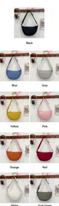 Detailed grid view showing various colorful nylon crescent bags with adjustable straps