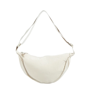 Minimalist cream white crescent dumpling bag with adjustable shoulder strap and soft nylon texture