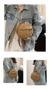Close-up of quilted round bag with bow pattern and orange zipper detail from multiple angles