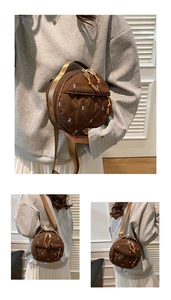 Detailed views of brown quilted round bag with embroidered bows, shown in various carry styles