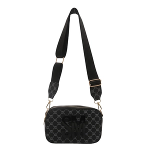 Minimalist black crossbody camera bag featuring grey chain pattern and SM logo detail