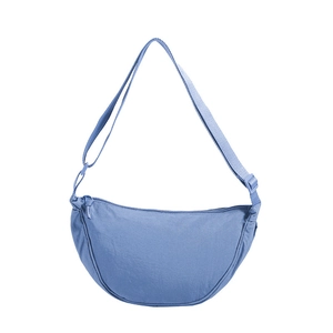 Minimalist grey-blue nylon half-moon crossbody bag with adjustable strap and zipper