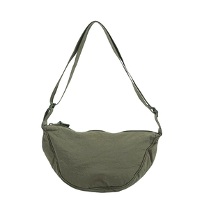 Olive green nylon crescent dumpling bag with adjustable shoulder strap and zipper