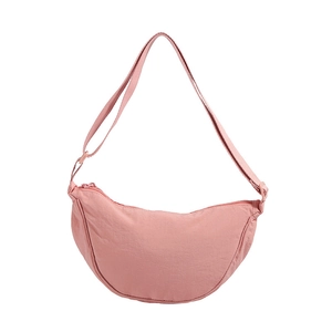 Pink crescent moon crossbody dumpling bag with adjustable strap in lightweight nylon