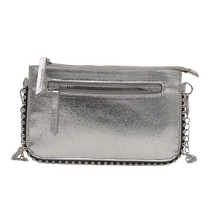 Silver metallic crossbody bag with side rivets and slim chain strap in gloss finish