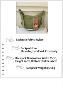 Detailed view of army green nylon crossbody bag showing 35x24x6cm dimensions and lightweight