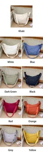 Collage of nylon crossbody dumpling bags in nine colors with adjustable wide straps