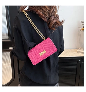 Detail of rose red crocodile pattern bag with gold chain strap and metal turn-lock