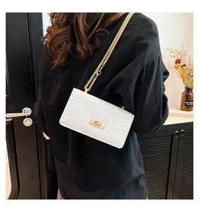 Close-up of white crocodile pattern chain bag with golden metal buckle and sleek design