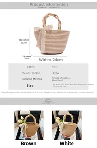 Détails des dimensions et de la texture en corde blanche du sac de plage d'été en paille