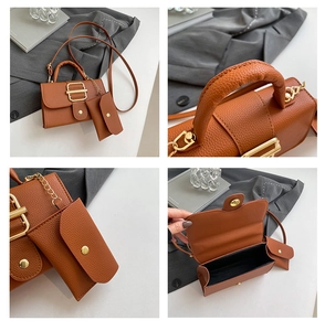 Detailed views of caramel litchi leather handbag with metal buckle and detachable coin pouch