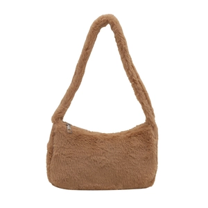 Minimalist faux fur shoulder bag with soft plush texture and silver zipper in khaki brown