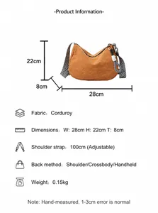 Detailed size chart for corduroy crossbody bag with adjustable strap specifications
