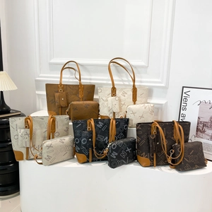 Set of vintage printed tote bags in four colors including shoulder and handbag styles